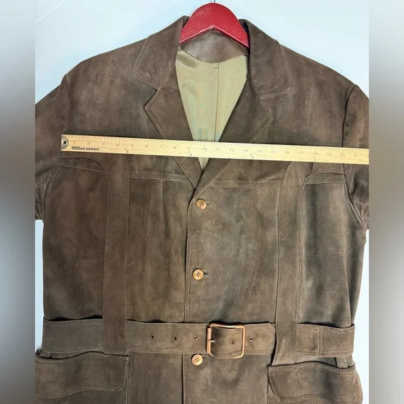 Men's Vintage Brown Suede Jacket, belt and pockets, L - Picture 7 of 16